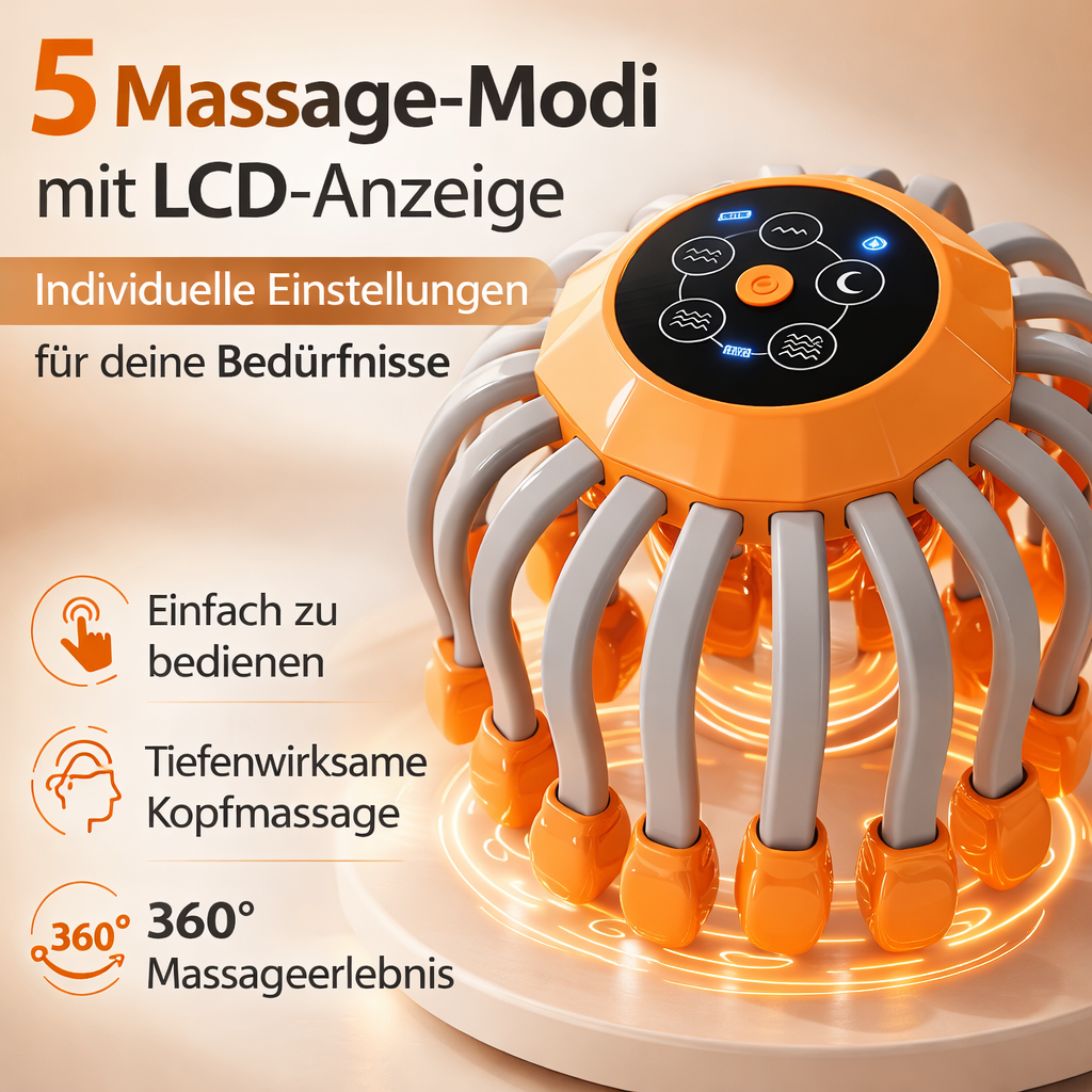 20 Massage Heads Oranger Kopfhaut-Massager – Rotlicht-Vibrierender Oktopus-Kratzer zur Entspannung und Stressabbau
