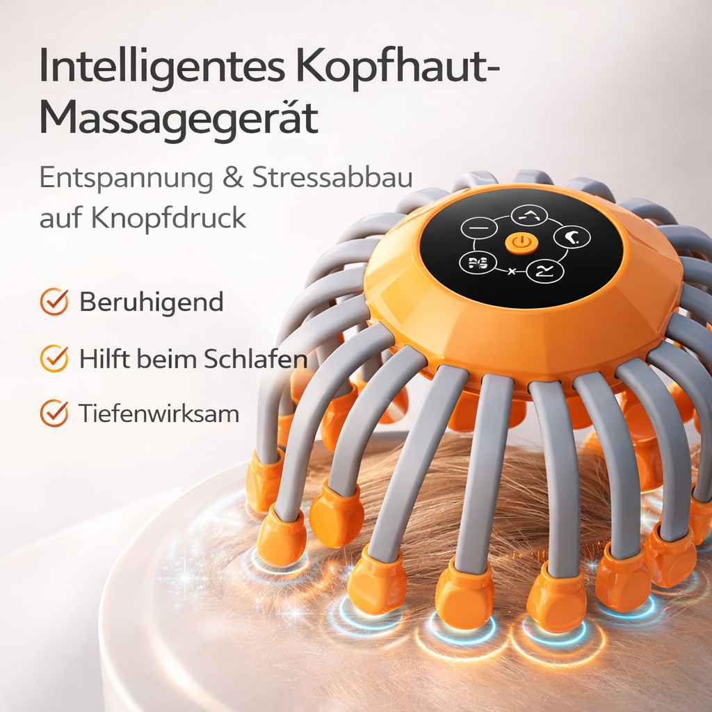 20 Massage Heads Oranger Kopfhaut-Massager – Rotlicht-Vibrierender Oktopus-Kratzer zur Entspannung und Stressabbau