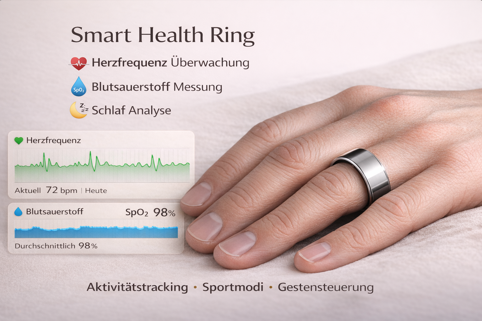 Performance Smart Ring am Finger mit Gesundheitsdaten in der App