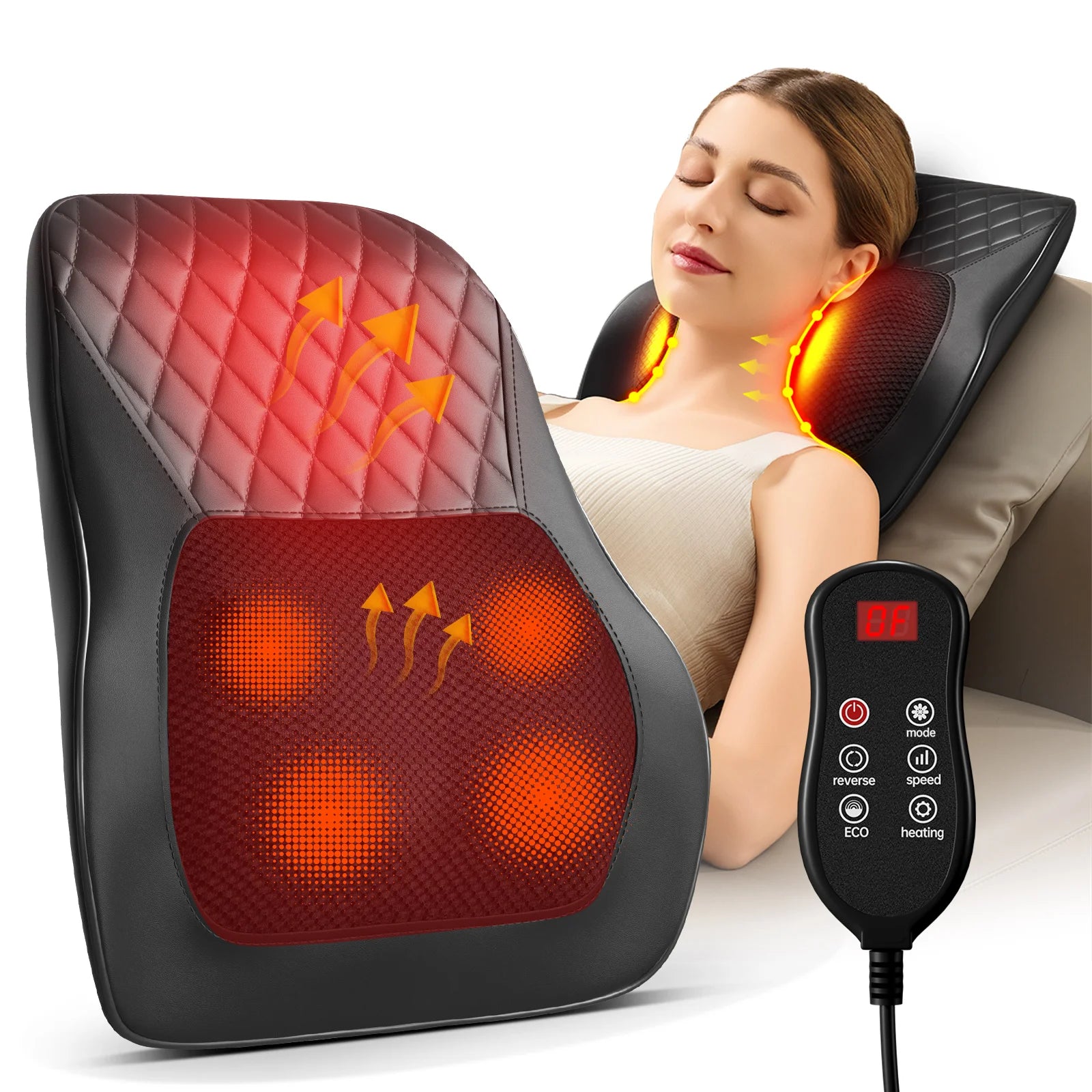 Elektrisches Massage-Nackenkissen – Shiatsu, 3 Geschwindigkeiten, Rücken & Taille, Heizfunktion, Auto-kompatibel