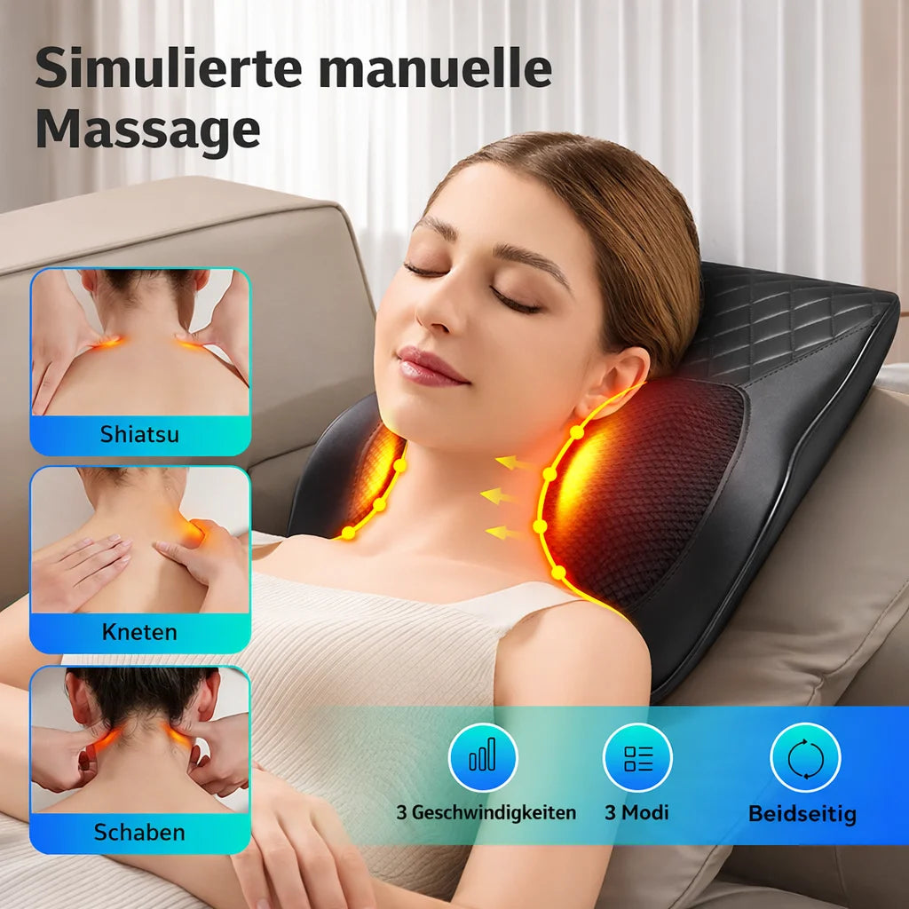 Elektrisches Massage-Nackenkissen – Shiatsu, 3 Geschwindigkeiten, Rücken & Taille, Heizfunktion, Auto-kompatibel