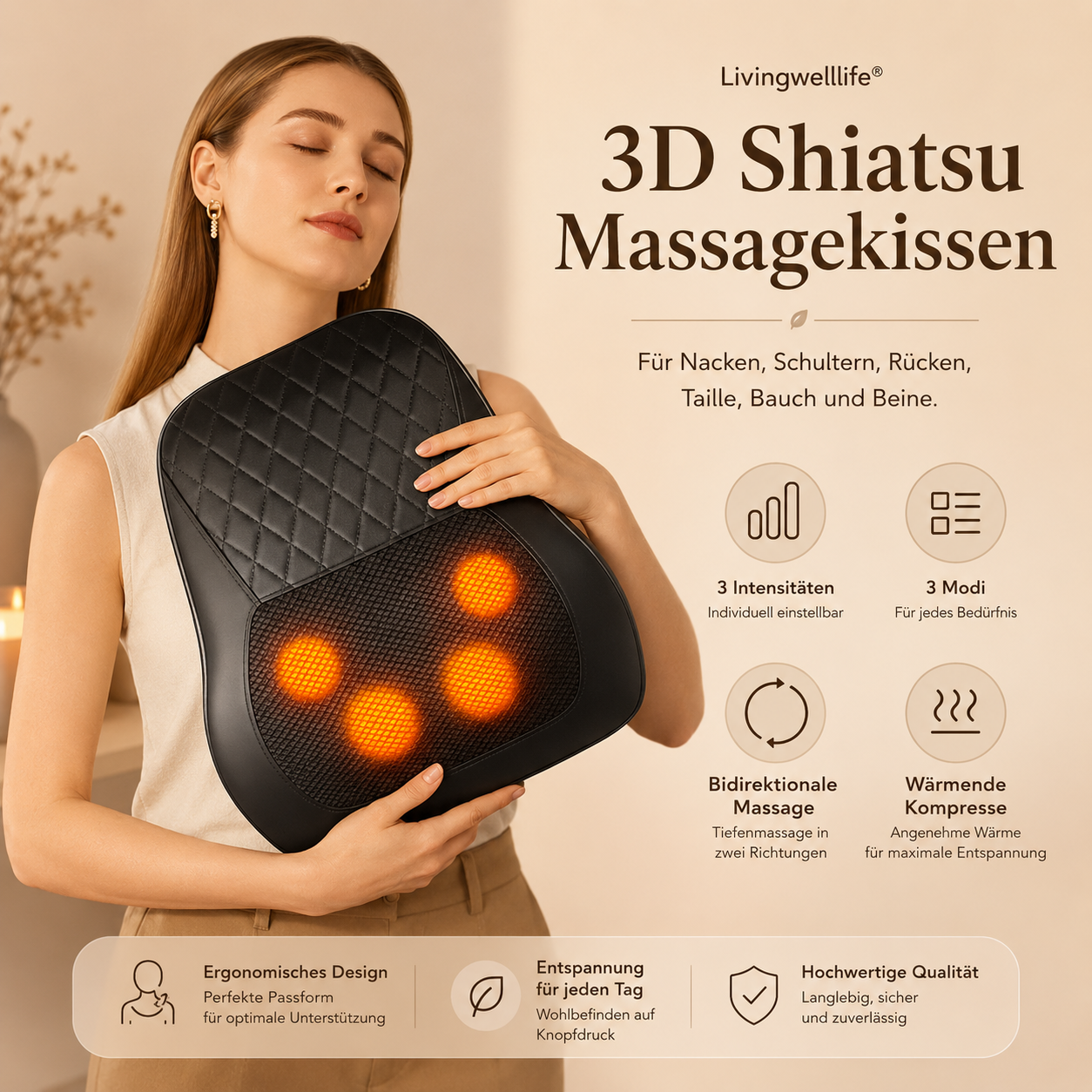 Premium Vorteilebild des Livingwelllife 3D Shiatsu Massagekissens mit Wärmefunktion verschiedenen Modi und ergonomischem Design