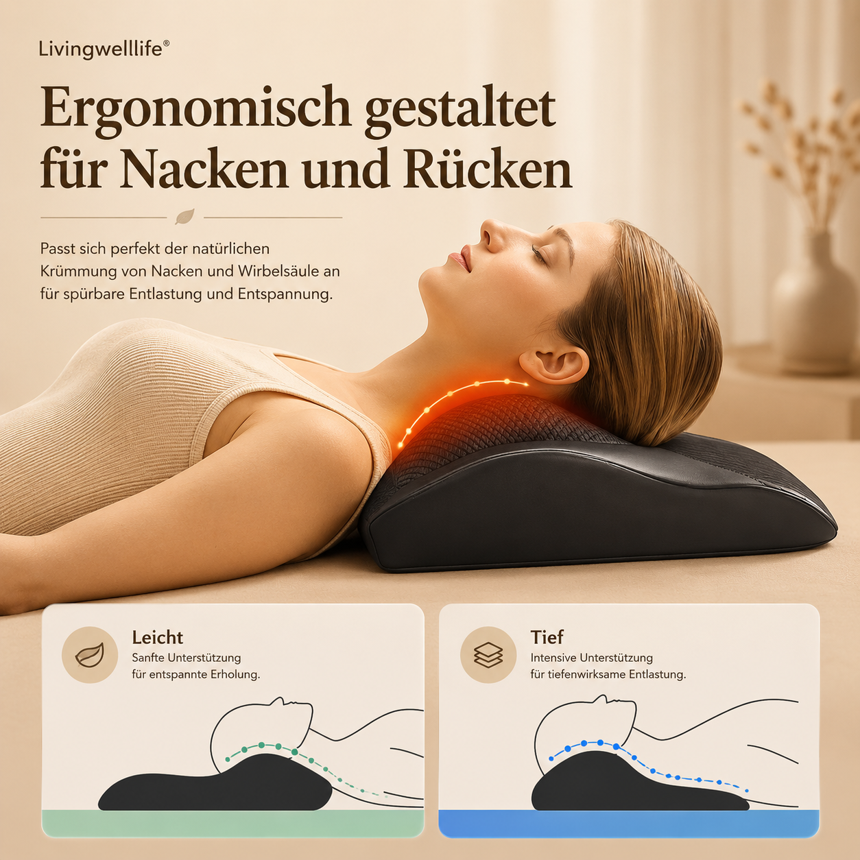 Livingwelllife ergonomisches Shiatsu Massagekissen für Nacken und Rücken mit Wärmefunktion – entspannendes Wellness Massagekissen für zuhause