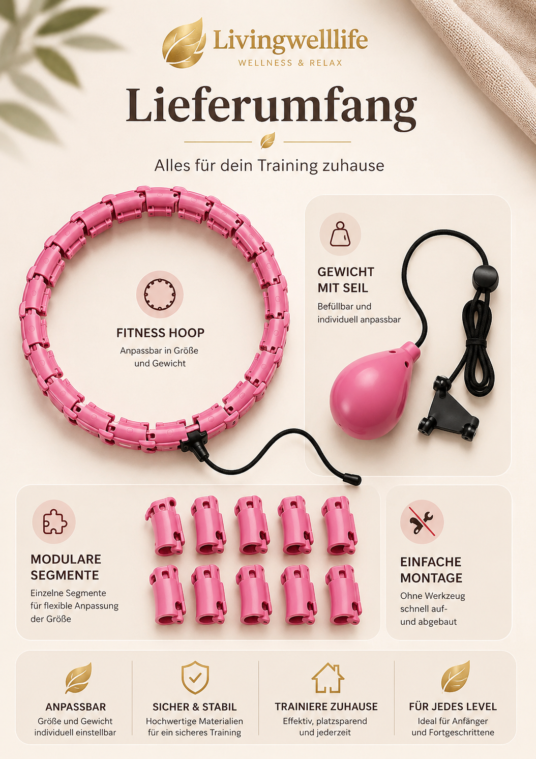 Lieferumfang des pinken Livingwelllife Fitness Hoop mit modularen Segmenten Gewicht und Seil im Premium Stil