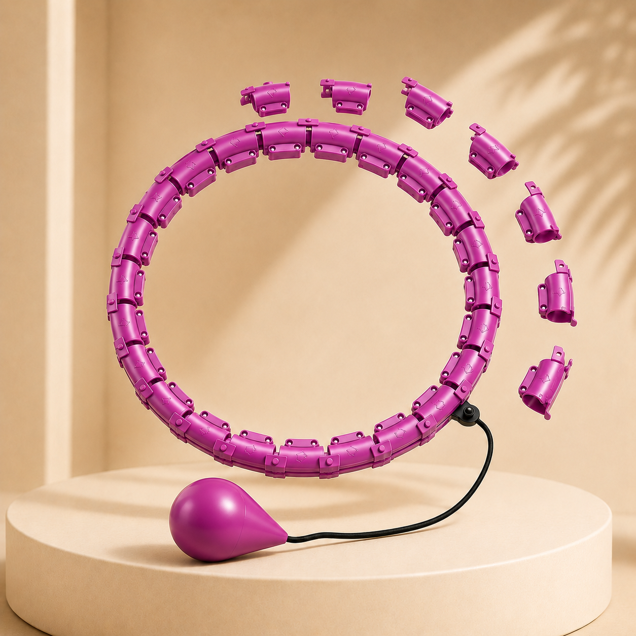Lila Fitness Hoop mit Gewicht und modularen Segmenten auf hellem Premium Hintergrund