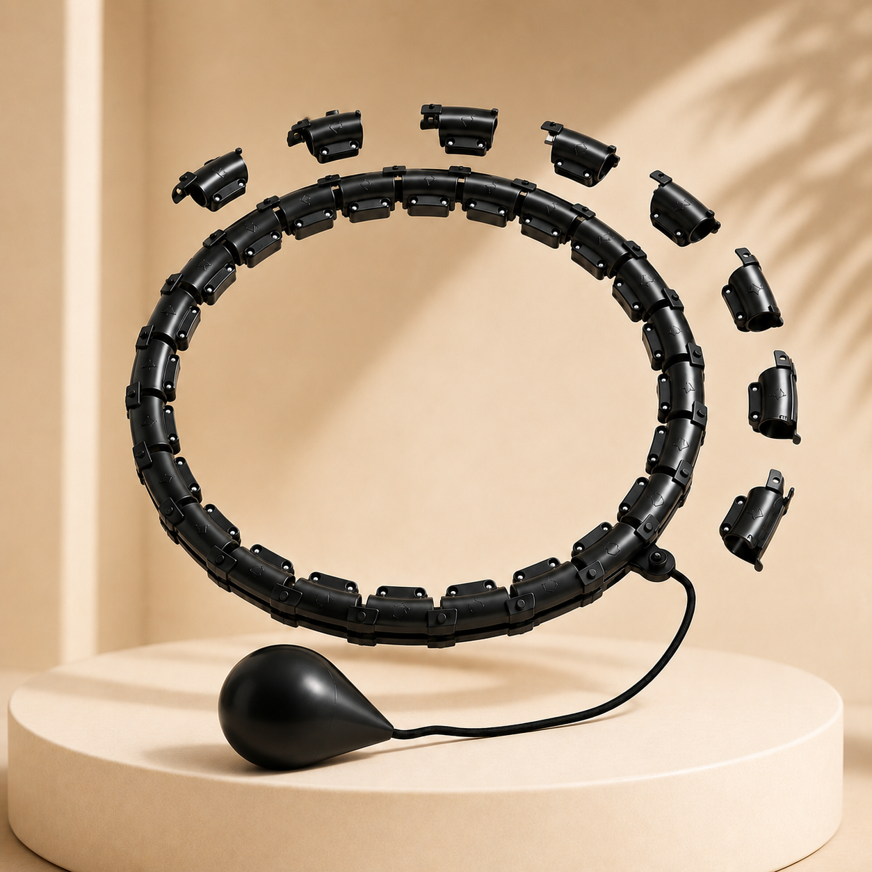 Schwarzer Fitness Hoop mit Gewicht und Segmenten auf hellem Premium Hintergrund