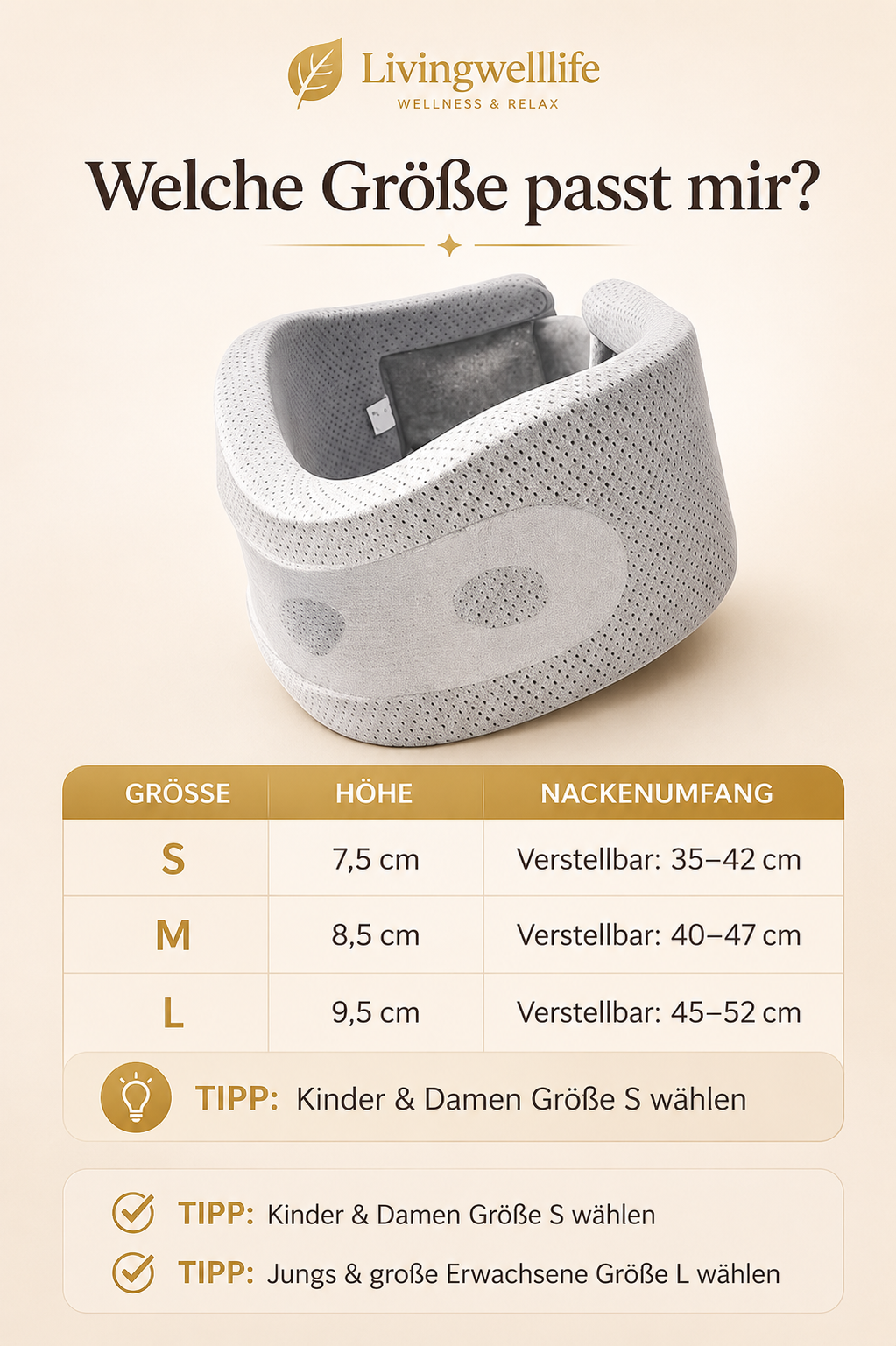 Livingwelllife Premium Reisenackenstütze in Grau mit übersichtlicher Größentabelle für S, M und L sowie Empfehlungen für optimalen Sitz und angenehmen Tragekomfort.