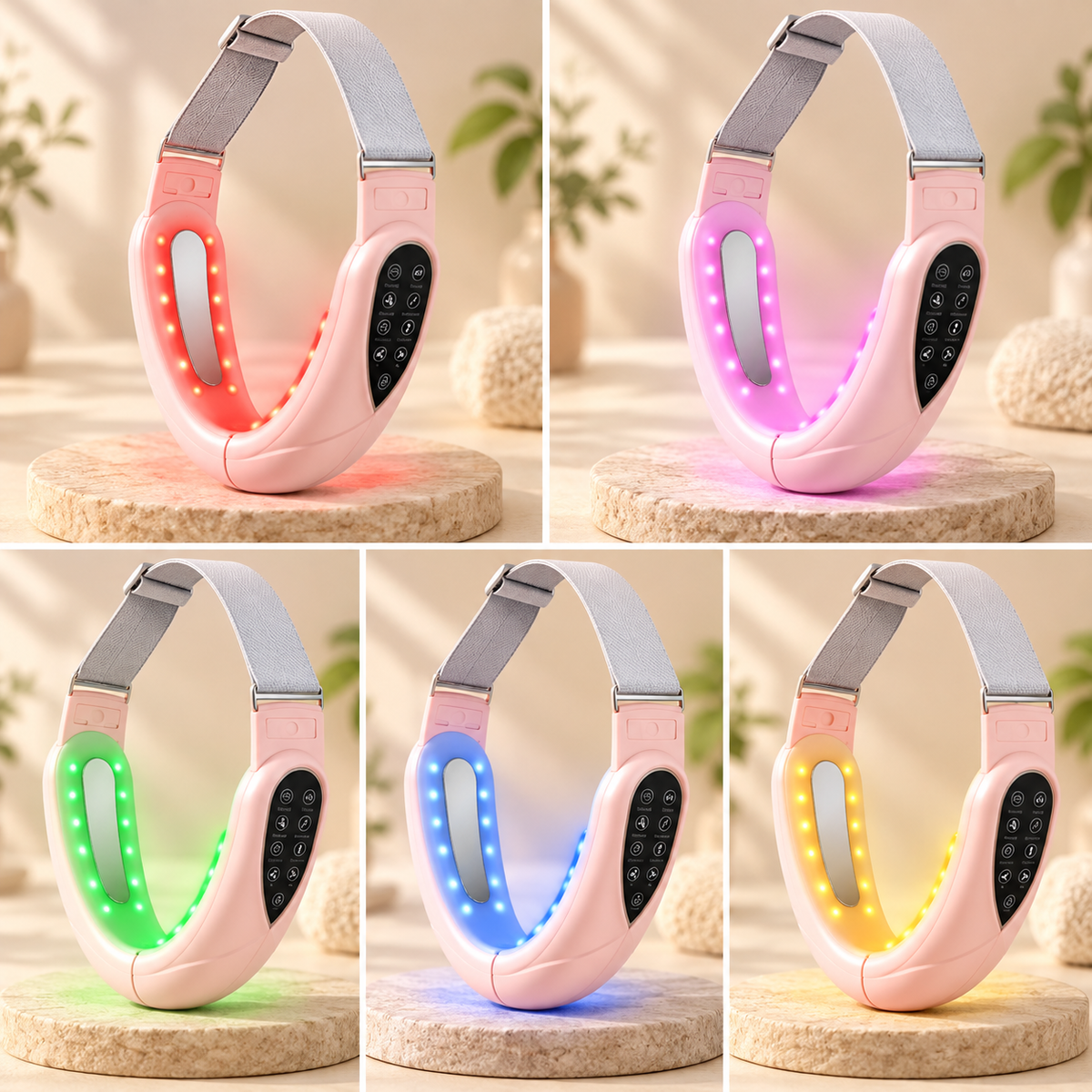 RelaxPulse Face in Rosa mit fünf wählbaren LED-Lichtfarben Rot, Pink, Grün, Blau und Gelb