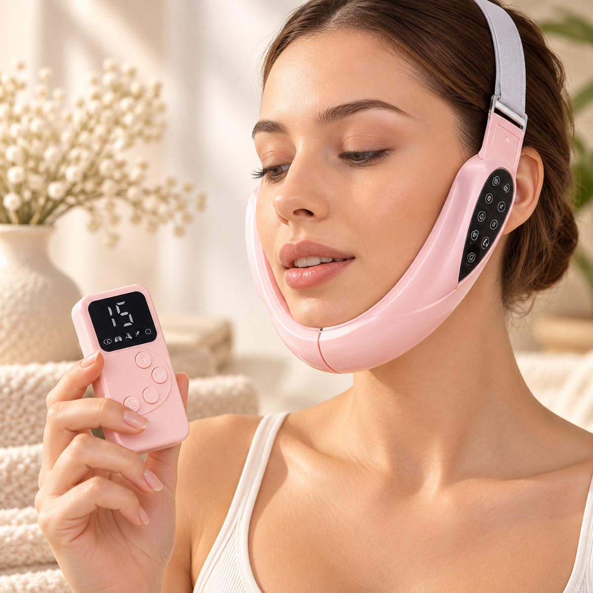 RelaxPulse Face in Rosa bei der Anwendung am Gesicht mit passender Fernbedienung