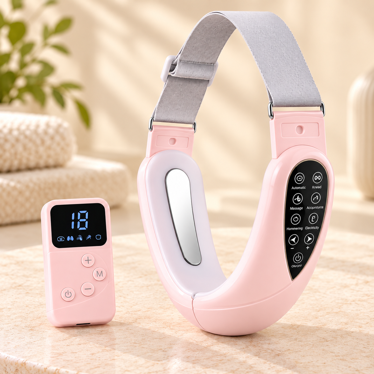 RelaxPulse Face in Rosa mit passender Fernbedienung im Livingwelllife Premium-Wellness-Stil