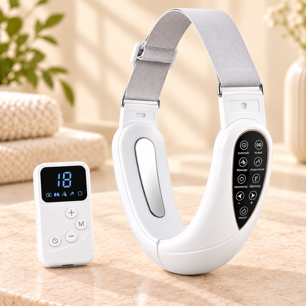 RelaxPulse Face in Weiß mit passender Fernbedienung im Livingwelllife Premium-Wellness-Stil