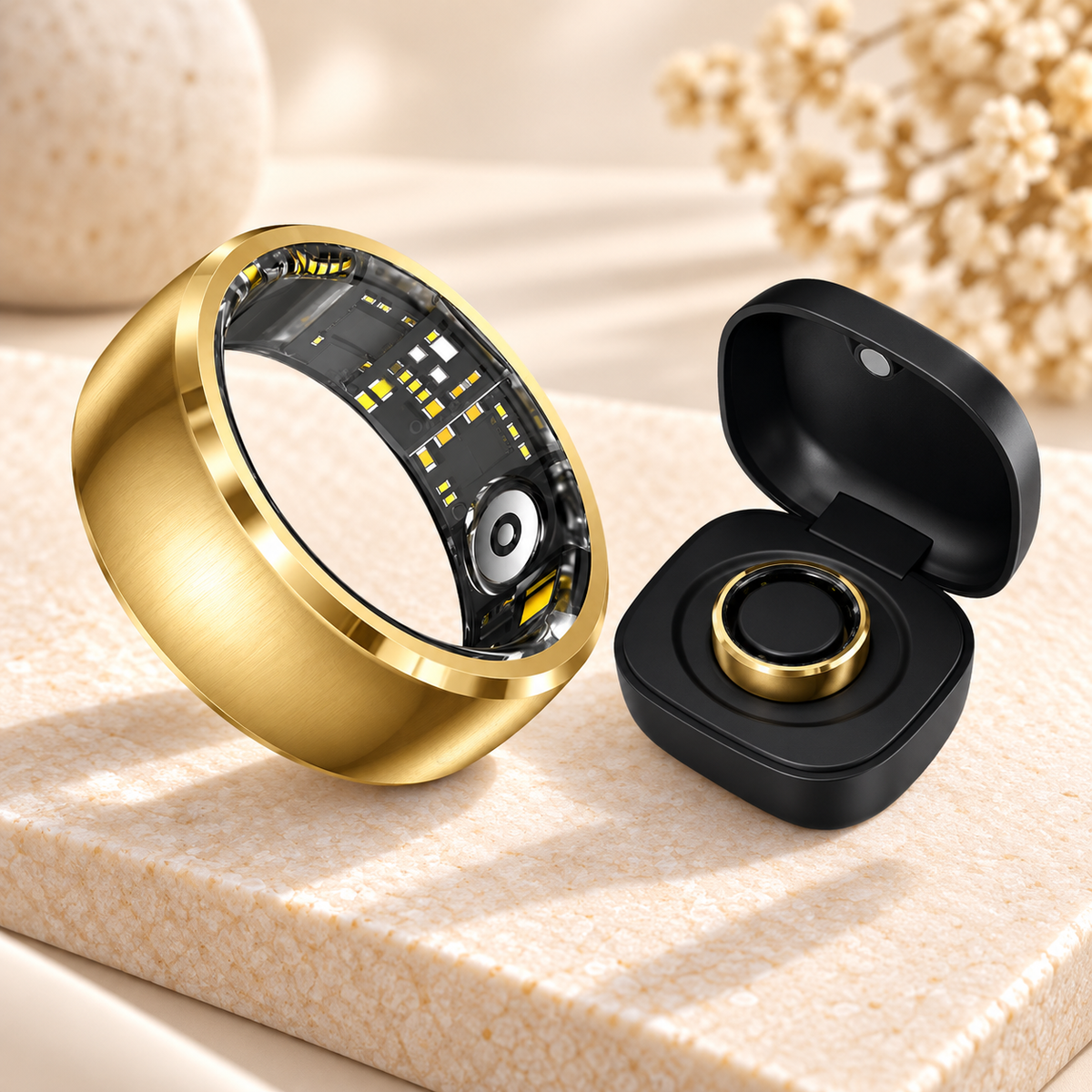 Smart Ring in Gold mit schwarzer Ladebox im Livingwelllife Premium-Design