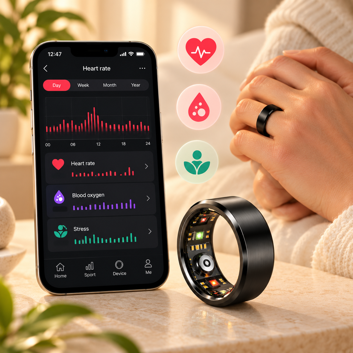 Smart Ring mit App zur Anzeige von Herzfrequenz, Blutsauerstoff und Stressdaten