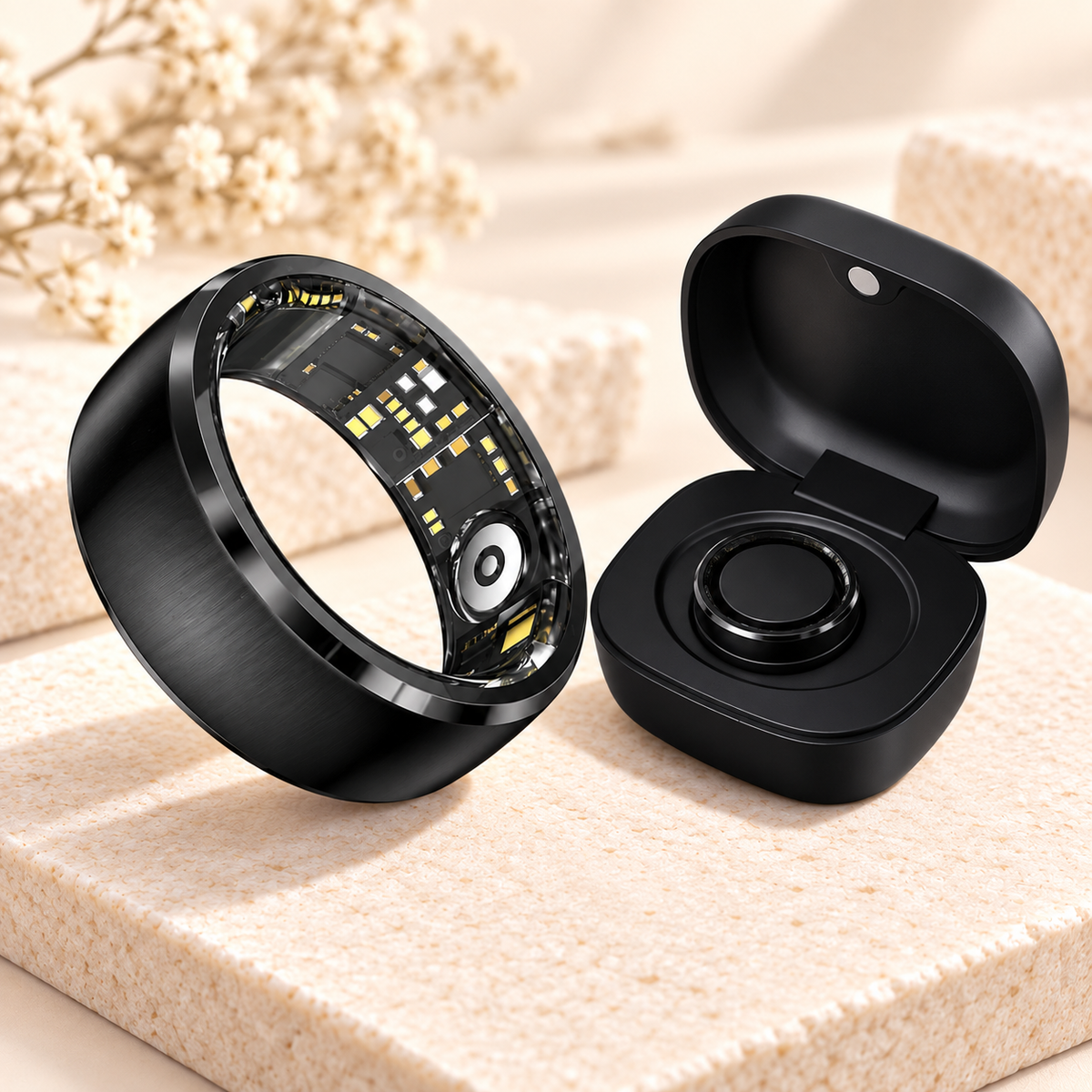 Smart Ring in Schwarz mit schwarzer Ladebox im Livingwelllife Premium-Design
