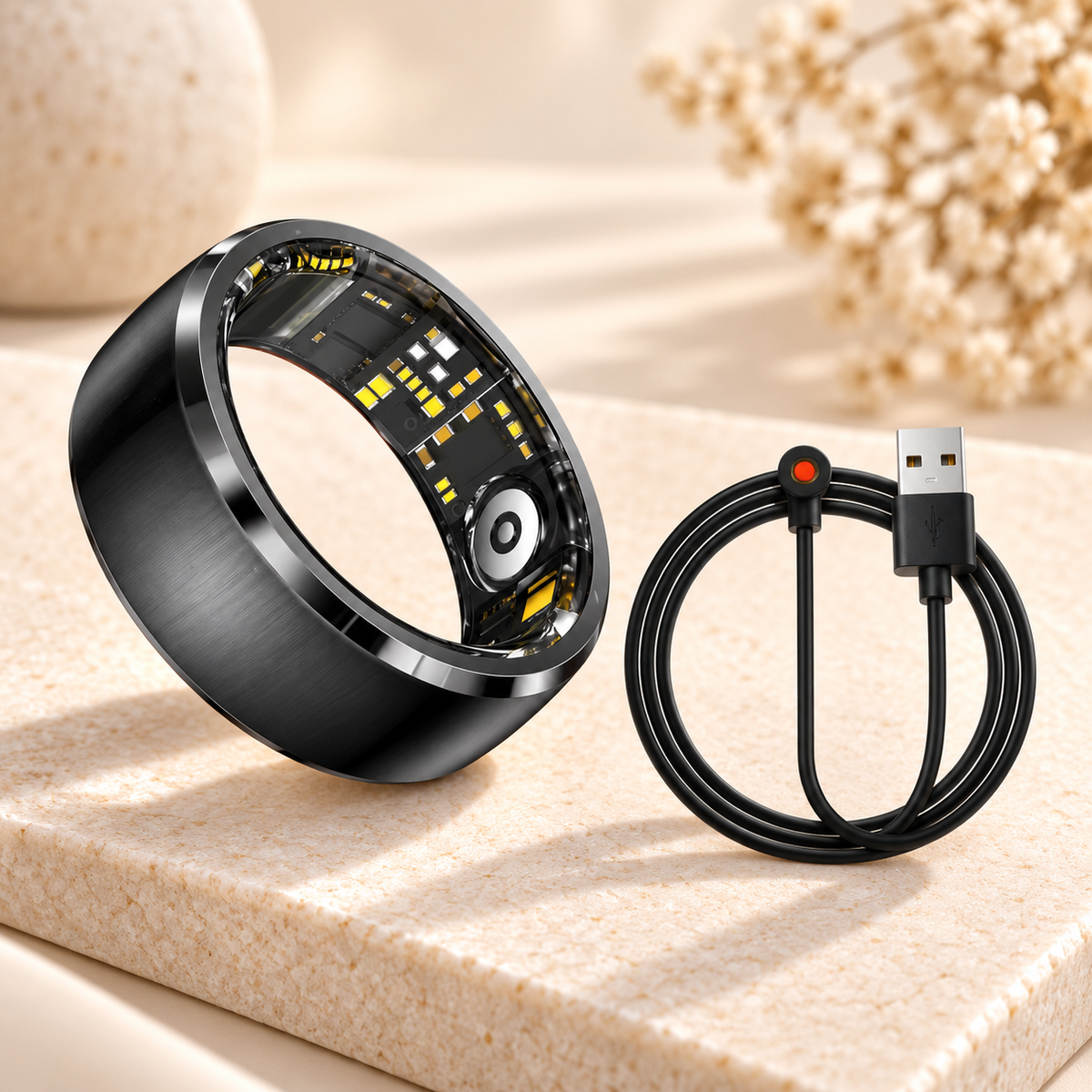 Smart Ring in Schwarz mit magnetischem Ladekabel im Livingwelllife Premium-Design