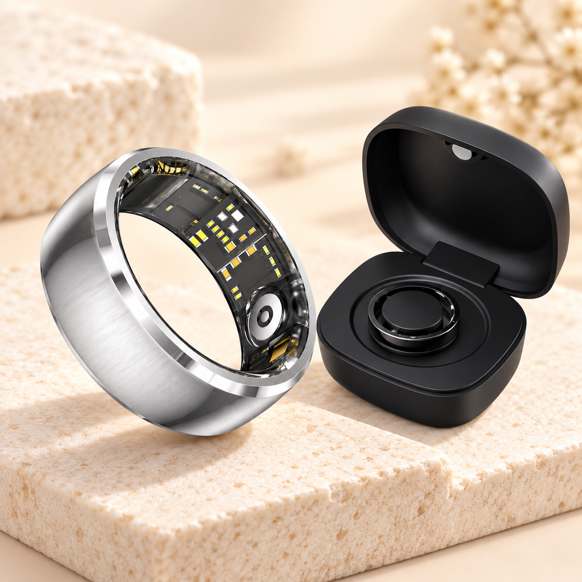 Smart Ring in Silber mit schwarzer Ladebox im Livingwelllife Premium-Design