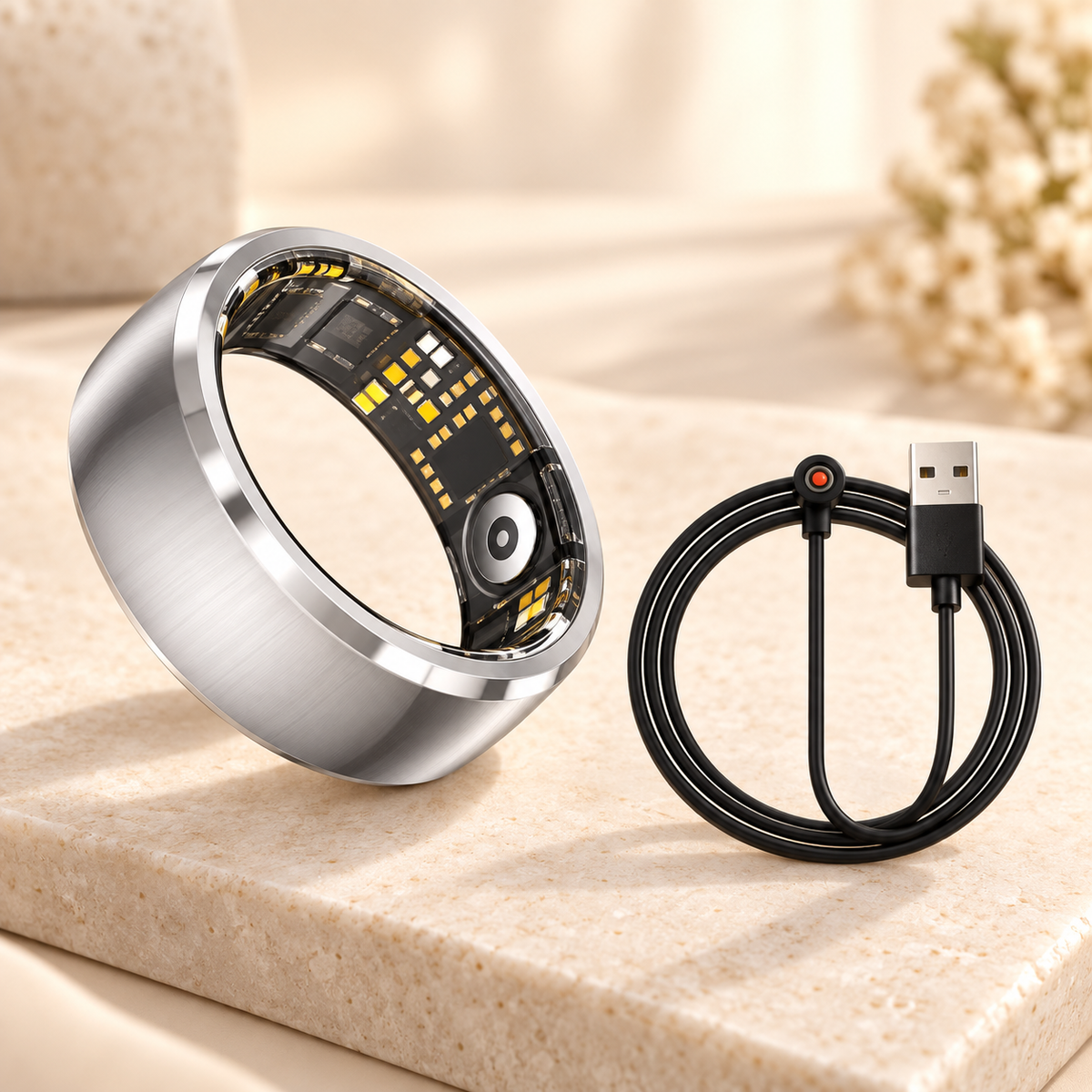 Smart Ring in Silber mit magnetischem Ladekabel im Livingwelllife Premium-Design
