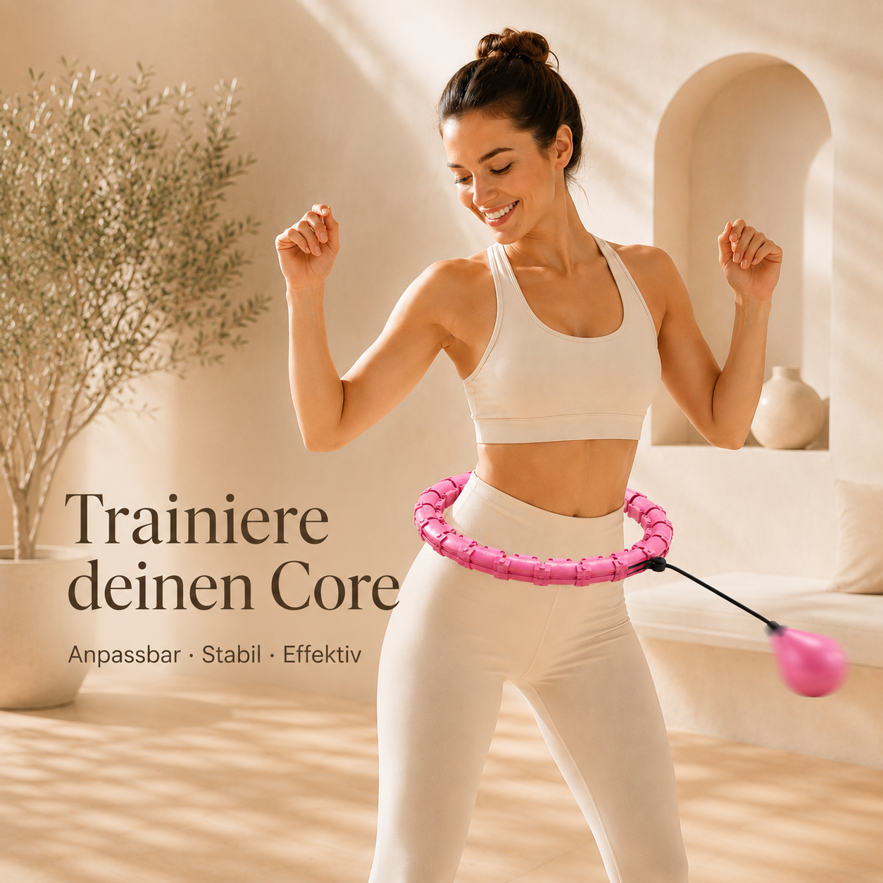 Frau trainiert mit pinkem SmartFit 360 Fitness Hoop im hellen Livingwelllife Lifestyle Studio