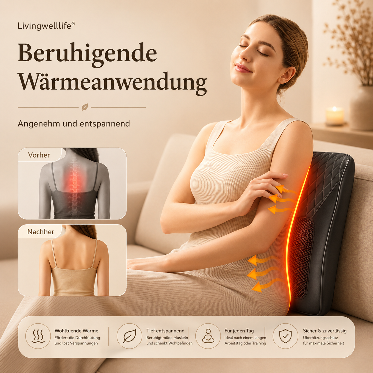 Livingwelllife 3D Shiatsu Massagekissen mit beruhigender Wärmeanwendung für Rücken, Nacken und Schultern – ergonomisches Premium Massagekissen für zuhause
