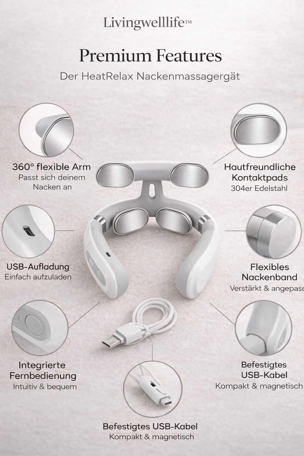 Übersicht der Funktionen eines kabellosen Nackenmassagegeräts mit mehreren Intensitätsstufen und Wärme