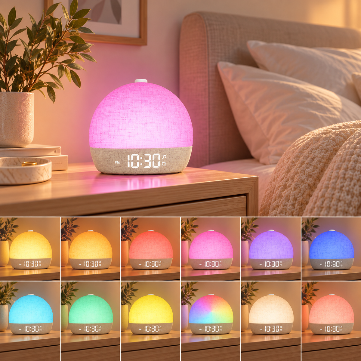 SunriseGlow Lichtwecker mit 12 RGB-Lichtfarben und einstellbarem Ambientelicht im Schlafzimmer