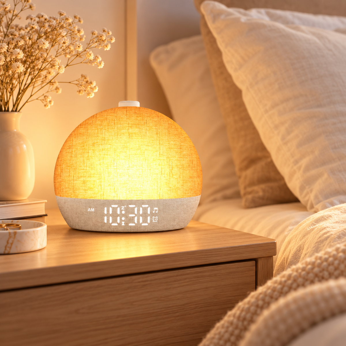SunriseGlow Lichtwecker mit warmem Sonnenaufgangslicht auf dem Nachttisch im gemütlichen Schlafzimmer