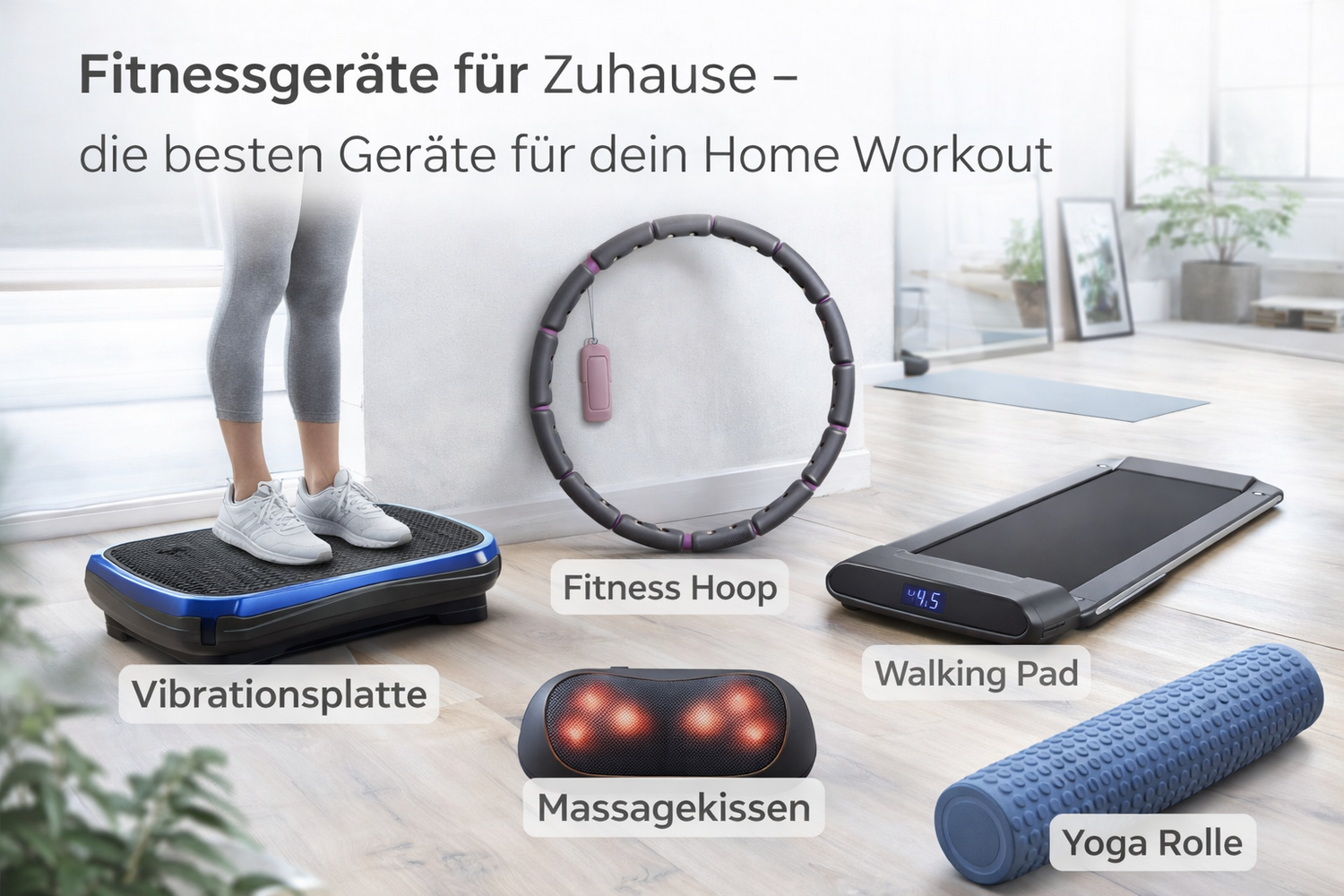 Fitnessgeräte für Zuhause – Vibrationsplatte, Fitness Hoop, Walking Pad und Yoga Rolle für Home Workout Training