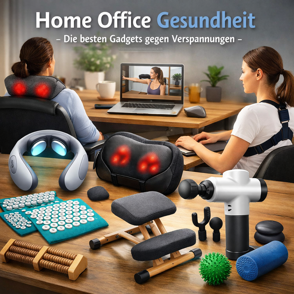 Home Office Arbeitsplatz mit Massagegerät, Nackenmassage, Massagepistole und ergonomischen Gadgets gegen Verspannungen während der Computerarbeit.