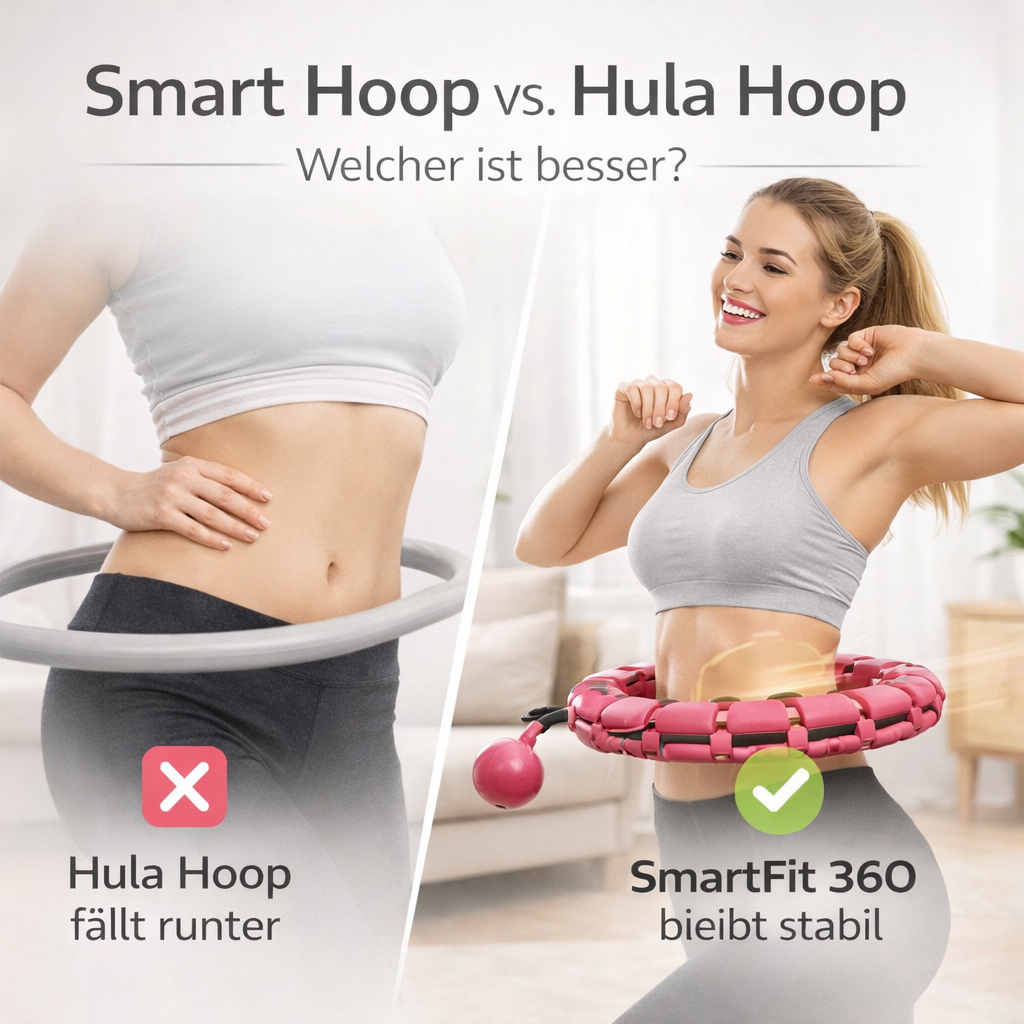 Vergleich zwischen klassischem Hula Hoop und SmartFit 360 Fitness Hoop beim Training Zuhause
