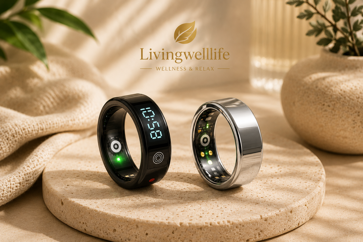 Livingwelllife Smart Rings ohne Abo in Schwarz und Silber auf hellem Wellness-Hintergrund