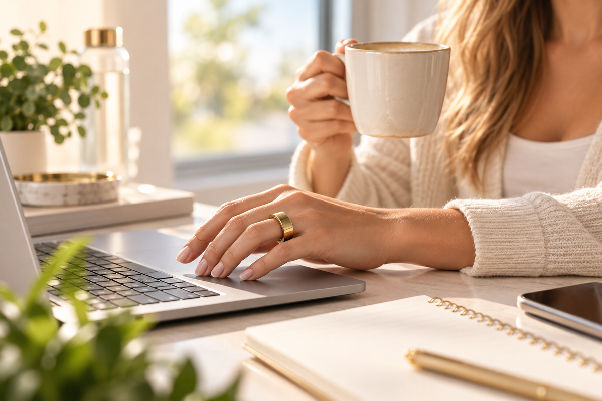 Goldener Smart Ring im Alltag beim Arbeiten am Laptop – dezentes Wearable für tägliche Routinen