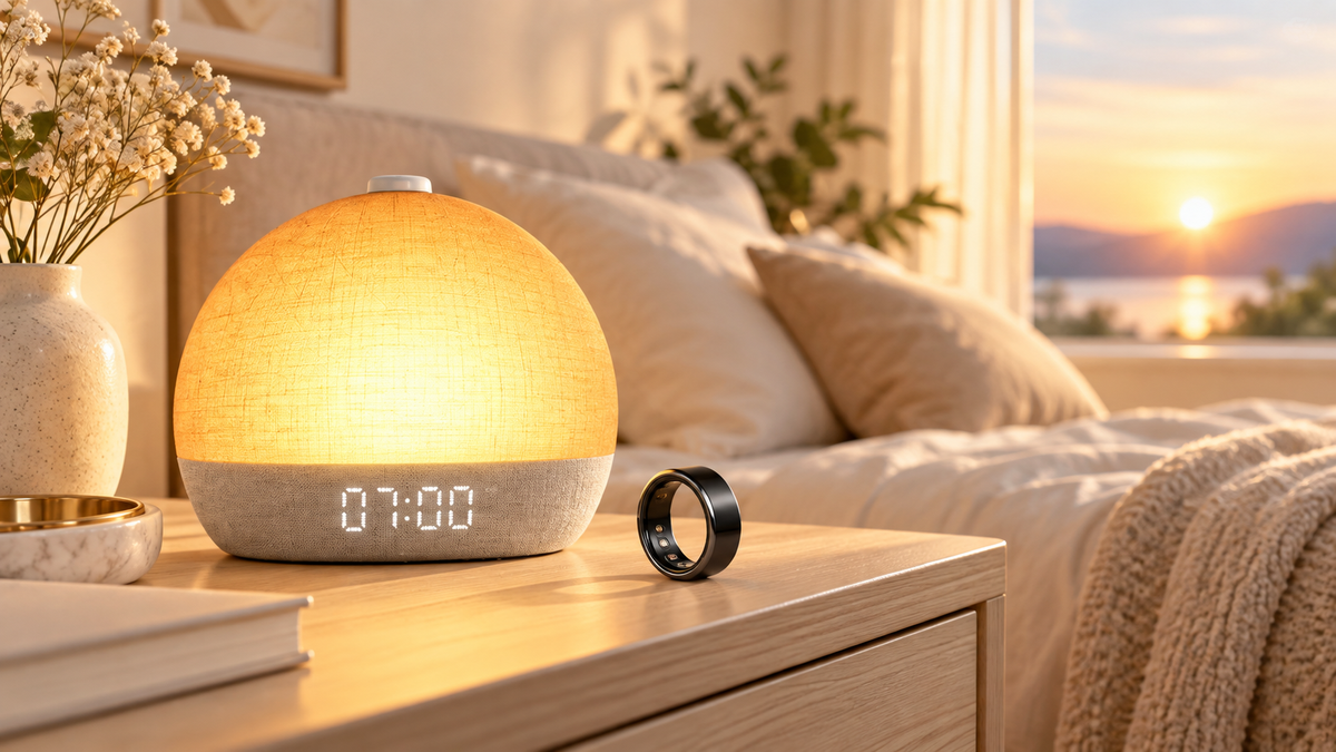 SunriseGlow Lichtwecker und Smart Ring auf dem Nachttisch – Abendroutine, Schlaftracking und sanftes Aufwachen
