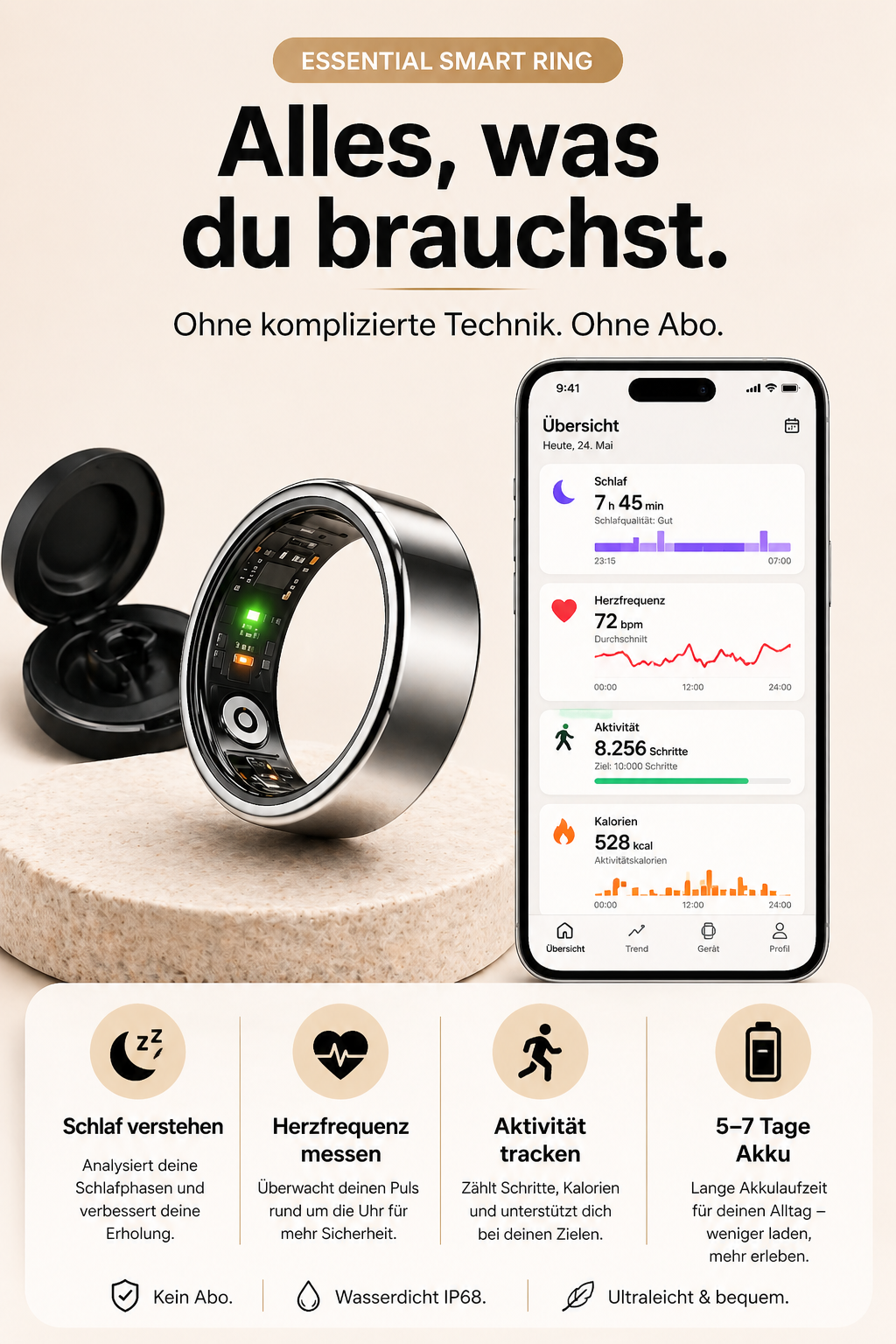 Essential Smart Ring ohne Abo – Fitness und Gesundheit einfach tracken mit Schlafanalyse, Herzfrequenz und Aktivität in einer App