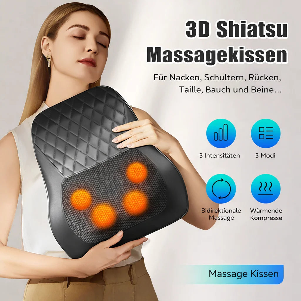Elektrisches Massage-Nackenkissen – Shiatsu, 3 Geschwindigkeiten, Rücken & Taille, Heizfunktion, Auto-kompatibel