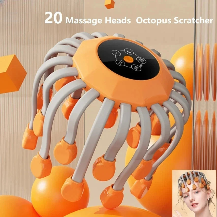 20 Massage Heads Oranger Kopfhaut-Massager – Rotlicht-Vibrierender Oktopus-Kratzer zur Entspannung und Stressabbau