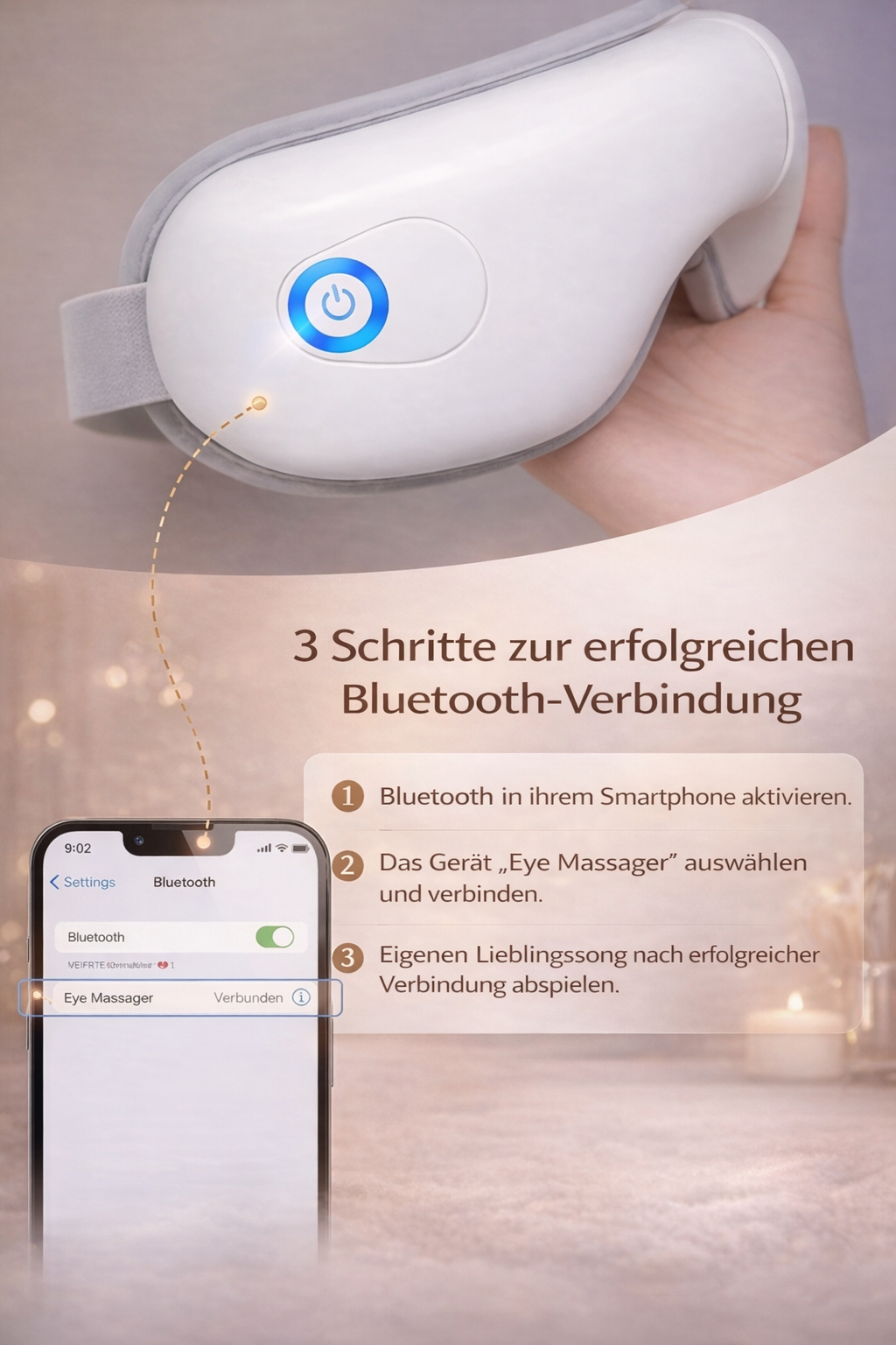 Augenmassagegerät mit Bluetooth Verbindung Anleitung zur Nutzung von Musik während der Massage