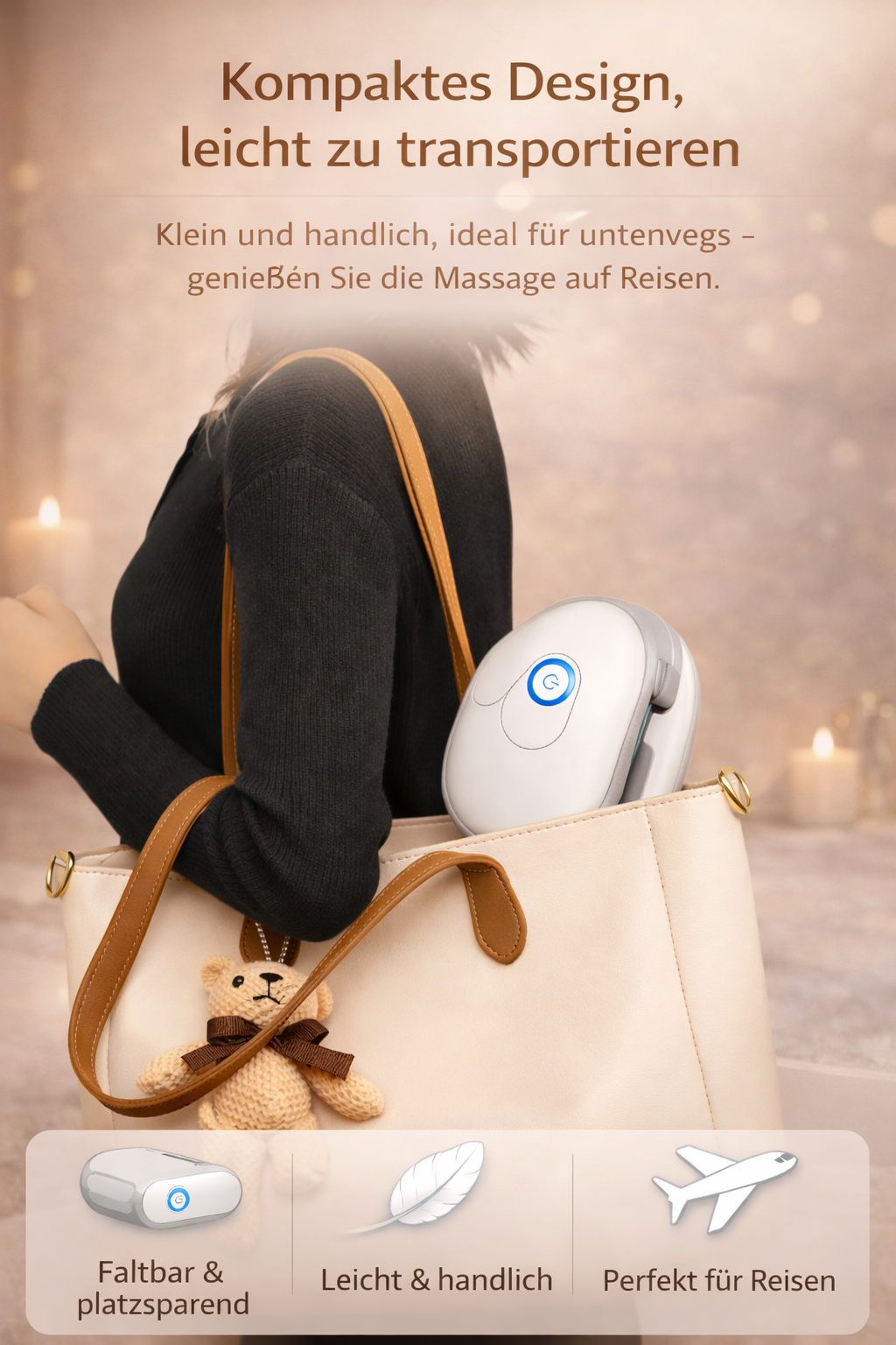 Kompaktes und faltbares Augenmassagegerät ideal für Reisen und unterwegs in der Handtasche