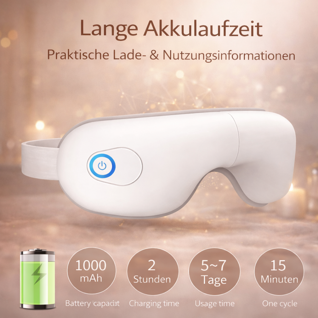 Augenmassagegerät mit langer Akkulaufzeit und praktischen Lade- und Nutzungsinformationen für den Alltag