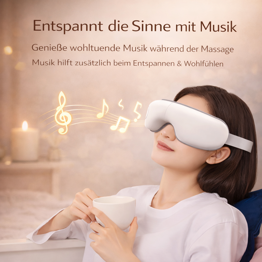 Frau entspannt mit Augenmassagegerät und Musikfunktion für ein beruhigendes Wellness-Erlebnis zuhause