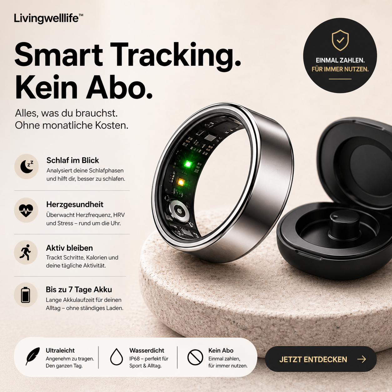 Essential Smart Ring ohne Abo – minimalistischer Fitness Tracker für Schlaf, Aktivität und Herzfrequenz mit langer Akkulaufzeit