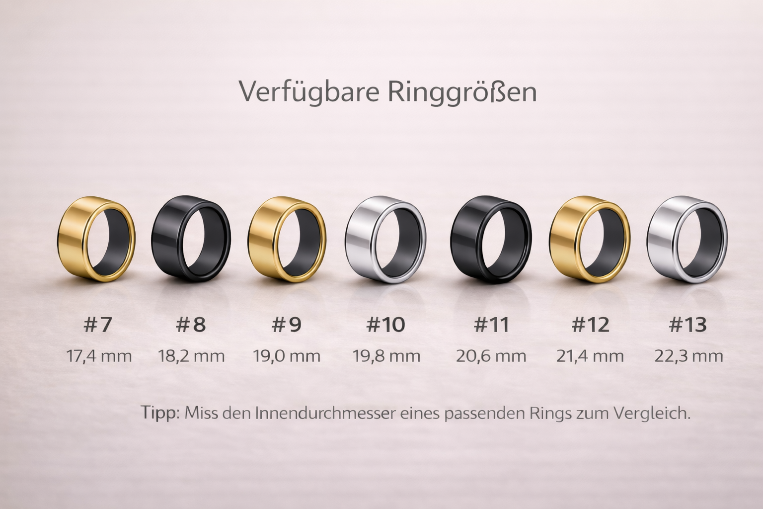 Premium Größenübersicht des Essential Smart Rings in Gold, Schwarz und Silber – Ringgrößen 7 bis 13 im Vergleich