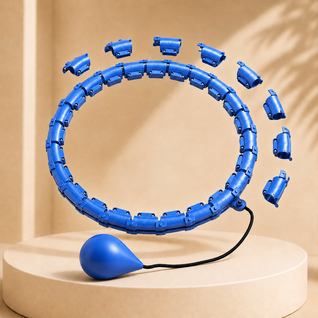 Blauer Fitness Hoop mit Gewicht und Segmenten auf hellem Premium Hintergrund