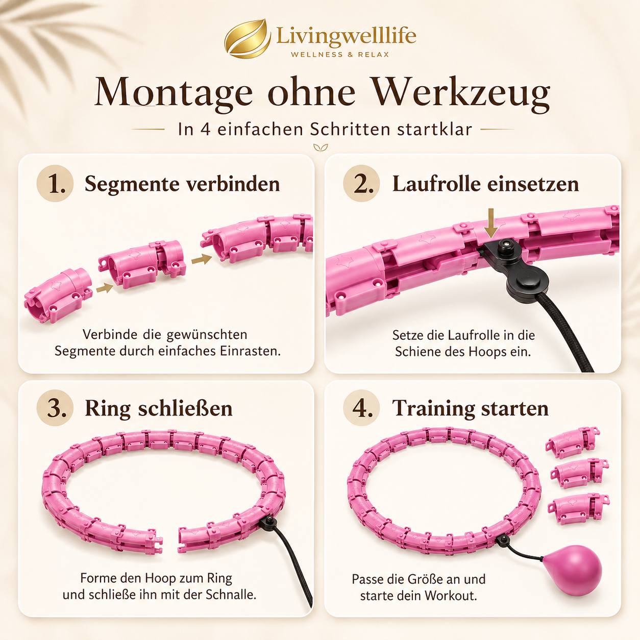Montage-Anleitung für den pinken Livingwelllife Fitness Hoop mit vier einfachen Schritten ohne Werkzeug