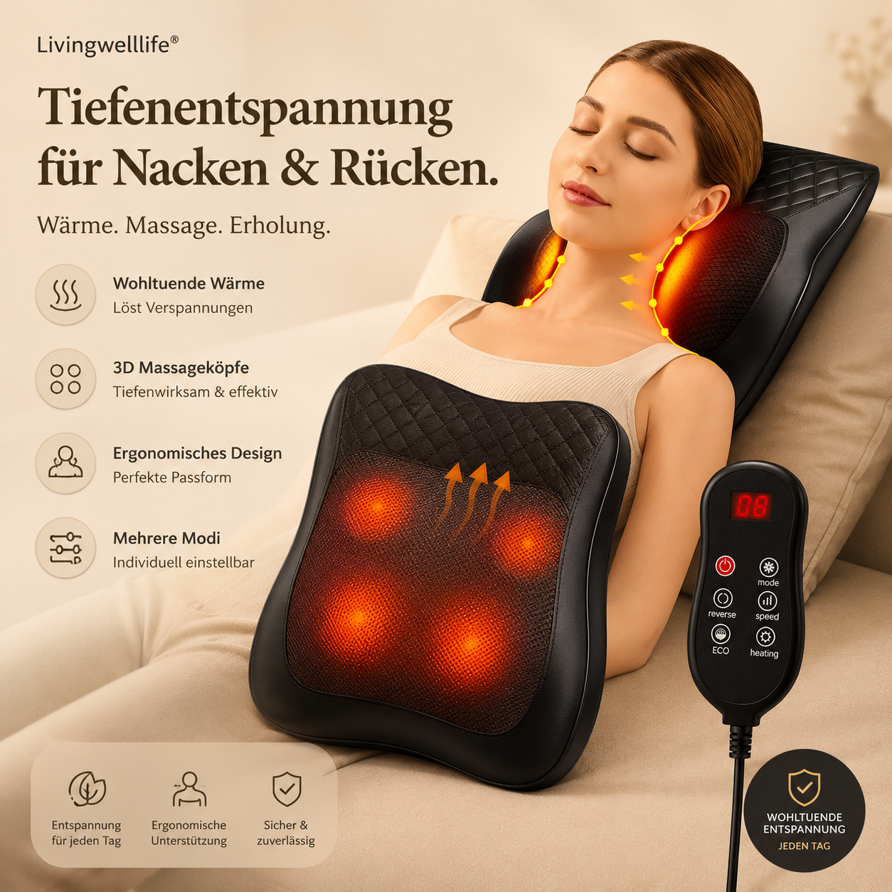 Premium Hauptbild des Livingwelllife Nackenmassagekissens mit Wärmefunktion 3D Shiatsu Massage und ergonomischem Design für Nacken und Rücken