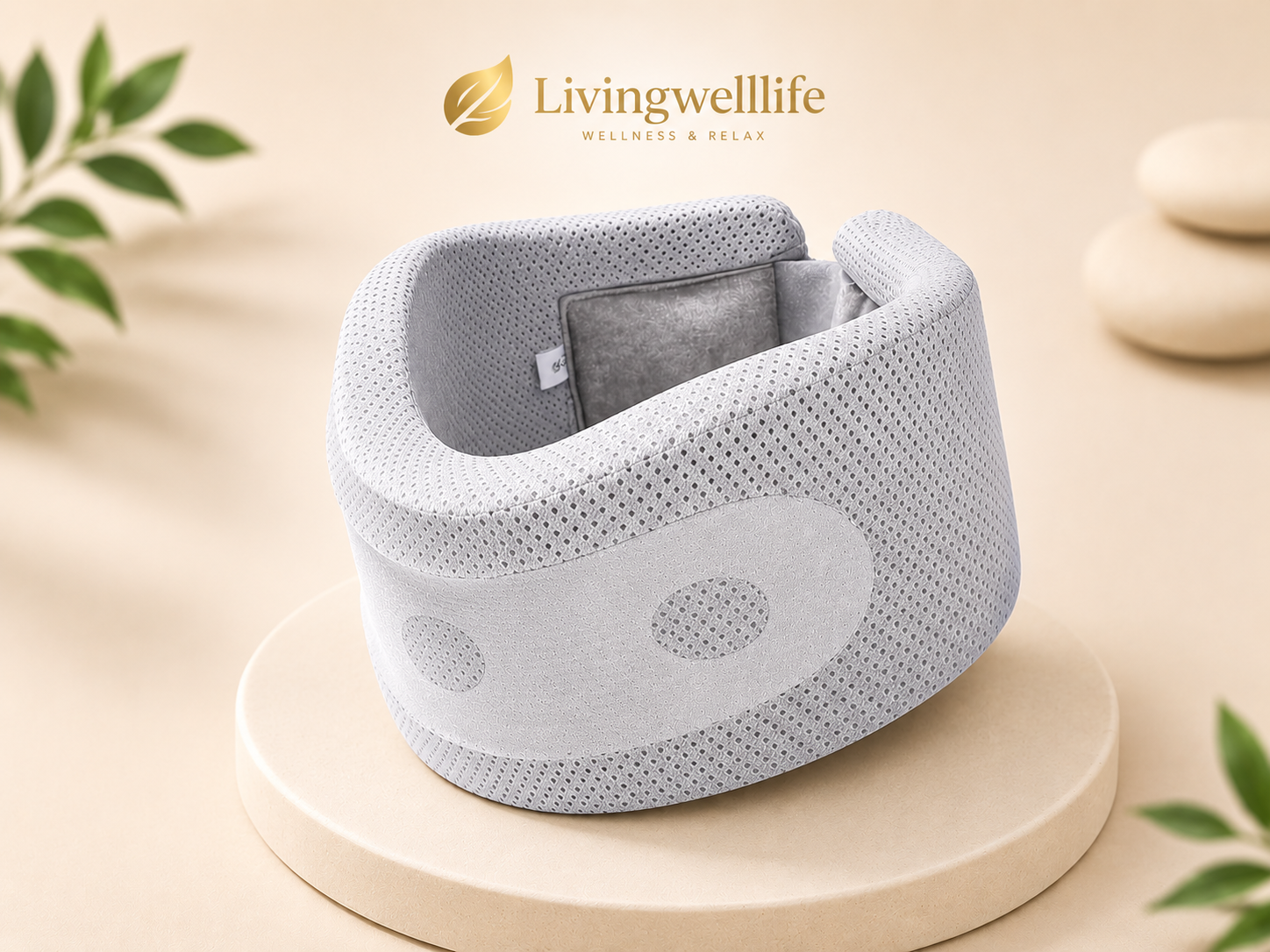 Graue ergonomische Premium Nackenstütze von Livingwelllife für Reisen, Entspannung und komfortable Unterstützung unterwegs.
