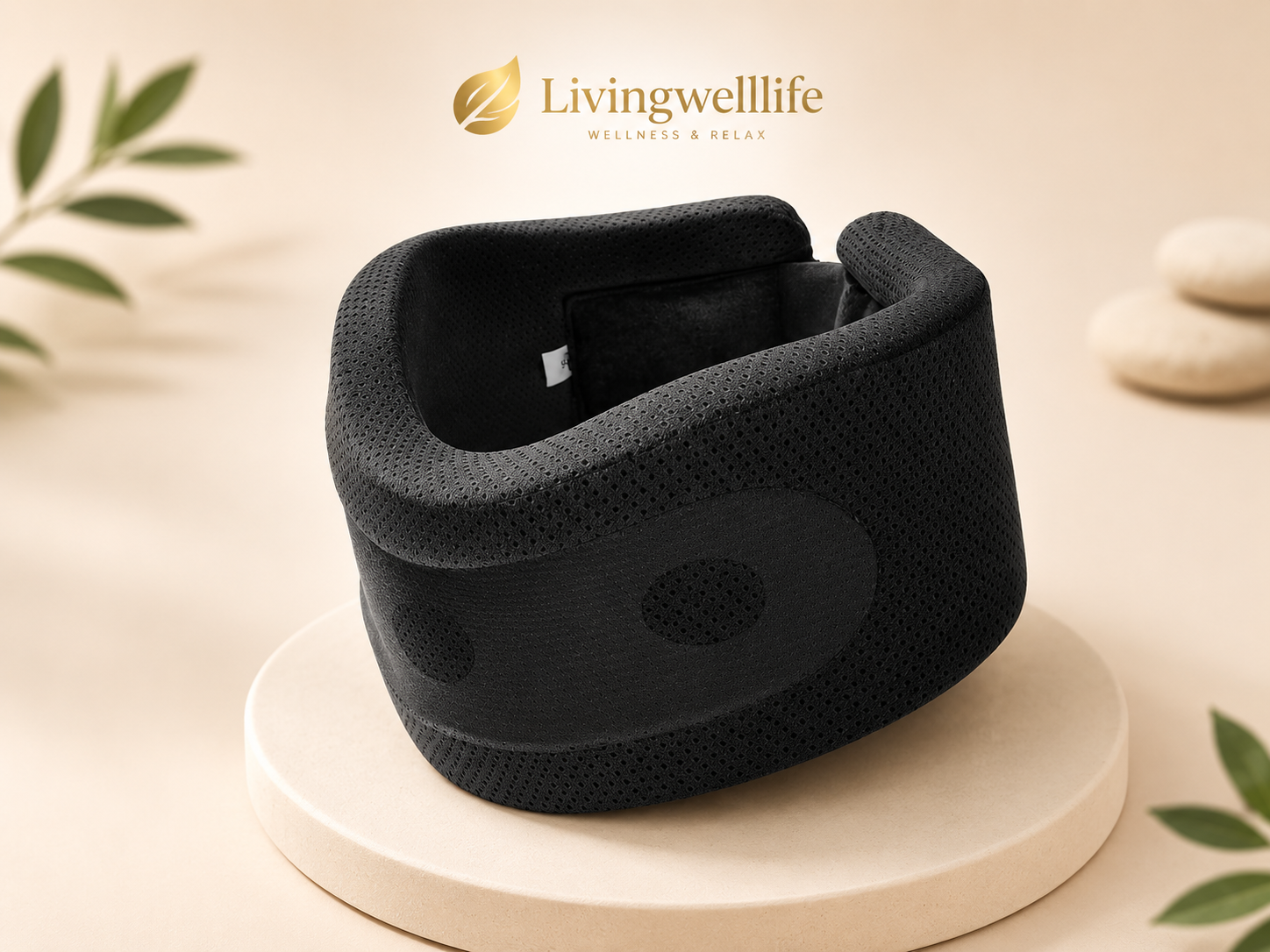 Schwarze ergonomische Premium Nackenstütze von Livingwelllife für Reisen, Entspannung und komfortable Unterstützung unterwegs.