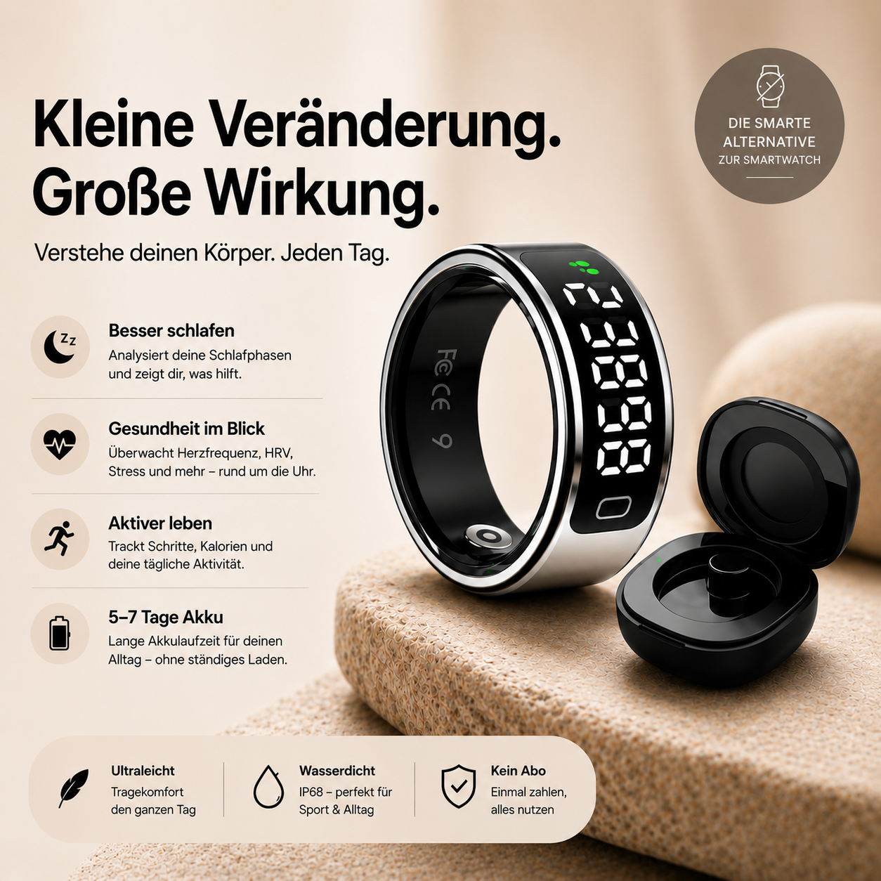 Smart Ring ohne Abo mit Schlaftracking, Herzfrequenzmessung, Aktivitätstracking und 5–7 Tage Akku von Livingwelllife.