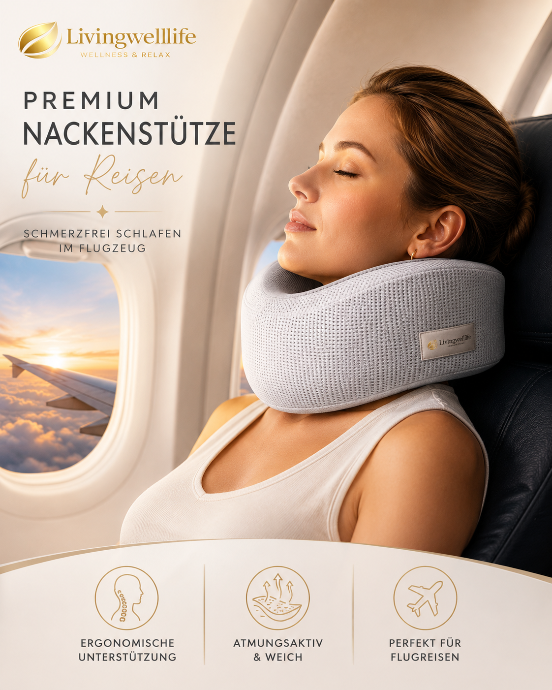 Livingwelllife Premium Nackenstütze für Reisen im Flugzeug mit ergonomischem Design, atmungsaktivem Memory Foam und komfortabler Unterstützung für entspanntes Schlafen unterwegs.