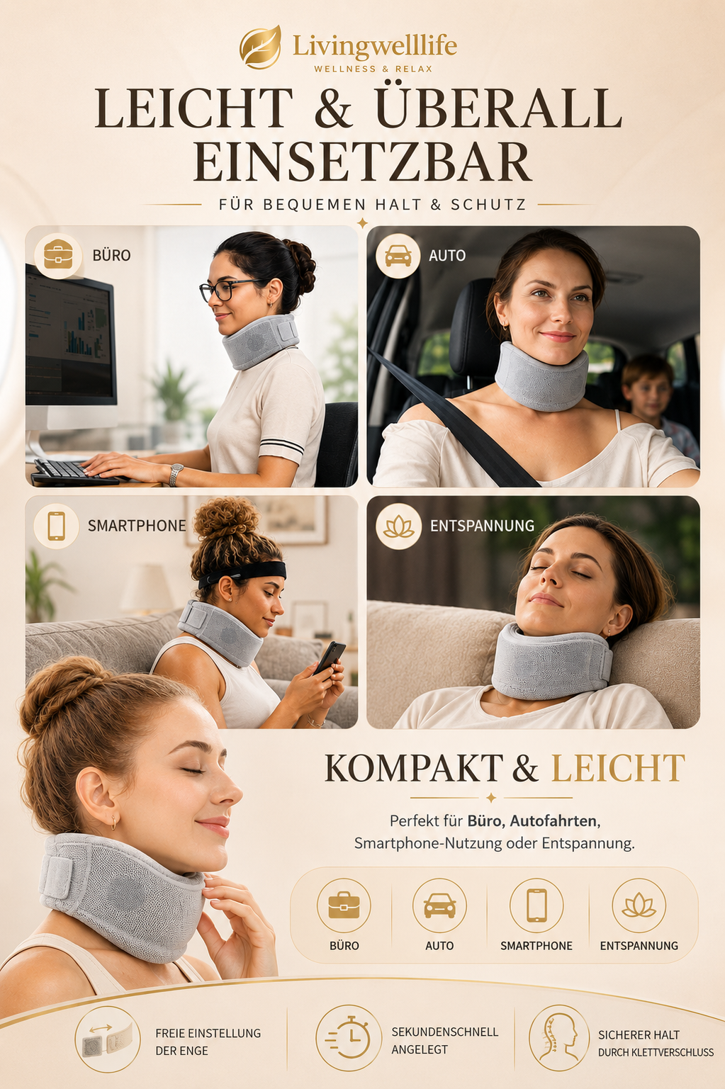 Livingwelllife Premium Reisenackenstütze in Grau für Büro, Autofahrten, Smartphone-Nutzung und Entspannung – leicht, kompakt und angenehm zu tragen.