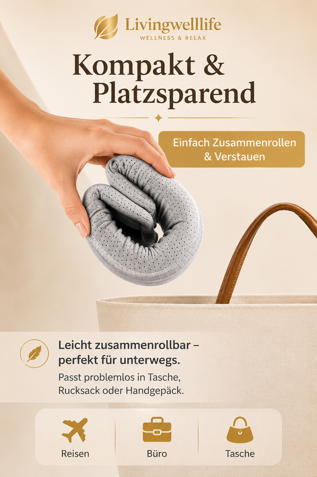 Livingwelllife Premium Reisenackenstütze in Grau – kompakt zusammenrollbar und platzsparend für Reisen, Büro, Tasche und Handgepäck.